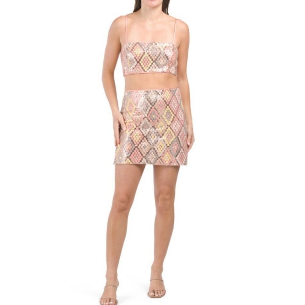 Caroline Constas Diamond Pattern Sequin 2-piece Crop Top Mini Skirt Set Size 10